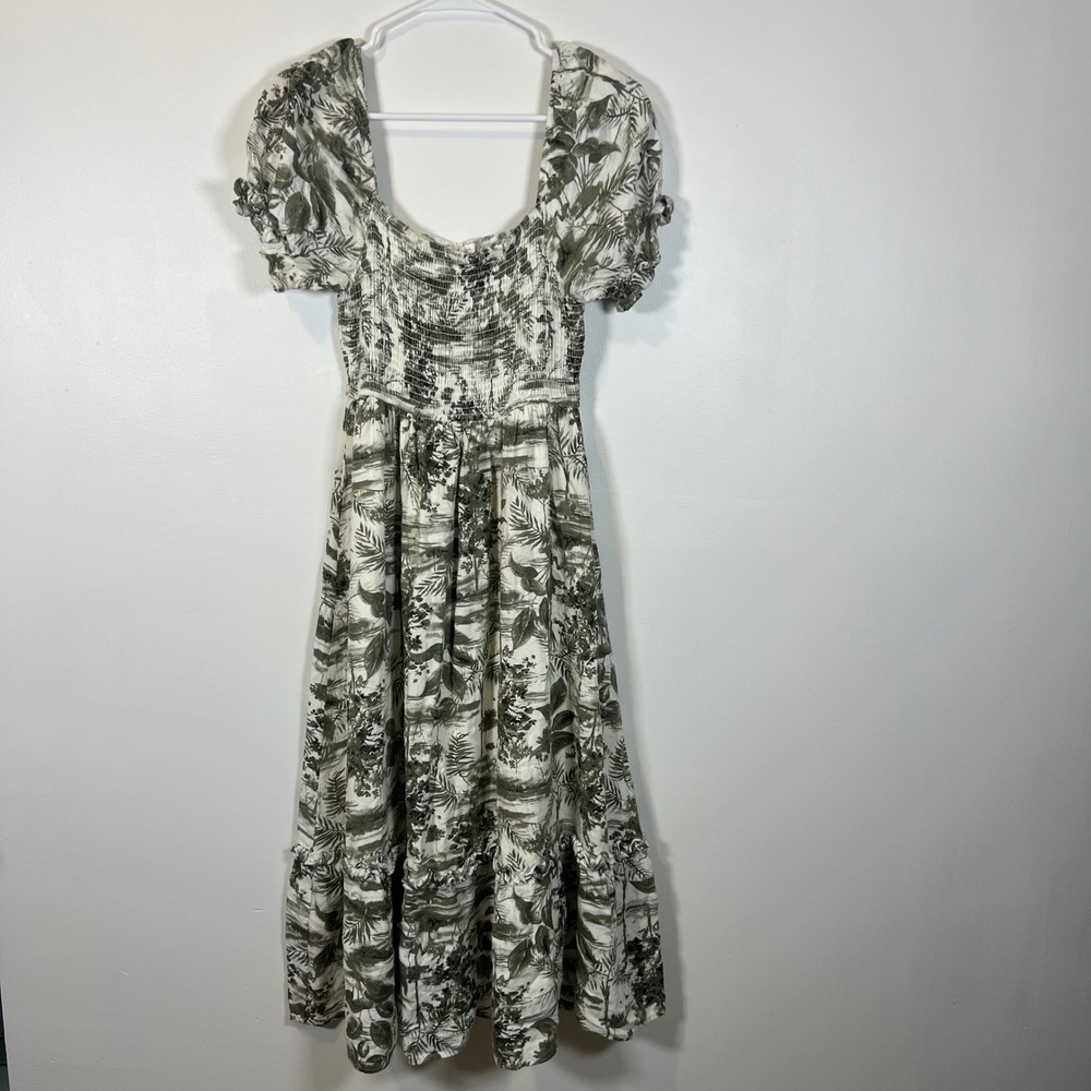 By The River Tropical Toile Smocked Midi Dress Olive Green Linen Blend Small